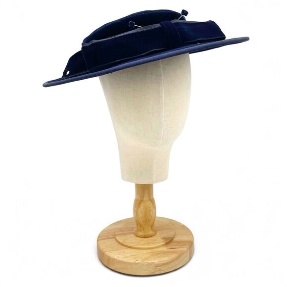 Vintage Makoff Salt Lake City Navy Blue Velvet Hat 22 1/2 Wide Brim Ribbon Bow - Picture 5 of 15